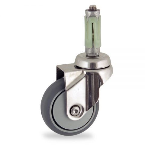 Stainless swivel castor 75mm for light trolleys,wheel made of grey rubber,plain bearing.Fitting with round expander 23/26