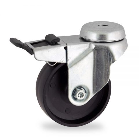 Zinc plated total lock castor 125mm for light trolleys,wheel made of polypropylene,plain bearing.Bolt hole fitting