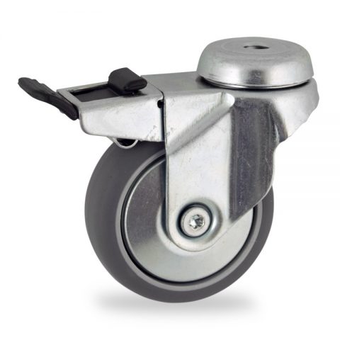 Zinc plated total lock castor 50mm for light trolleys,wheel made of grey rubber,double ball bearings.Bolt hole fitting