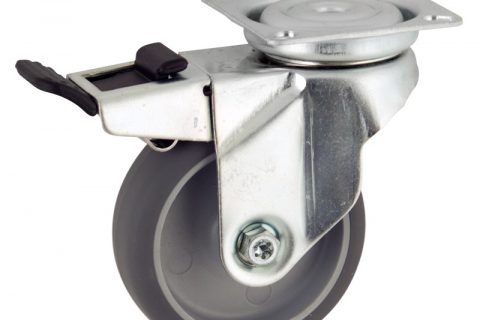 Zinc plated total lock castor 50mm for light trolleys,wheel made of grey rubber,double ball bearings.Top plate fitting