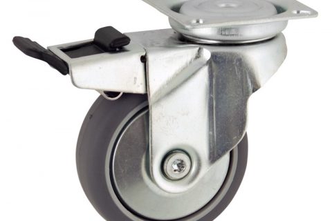 Zinc plated total lock castor 75mm for light trolleys,wheel made of grey rubber,plain bearing.Top plate fitting
