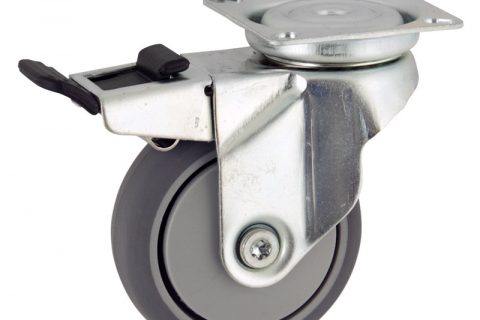Zinc plated total lock castor 50mm for light trolleys,wheel made of grey rubber,precision bearing.Top plate fitting