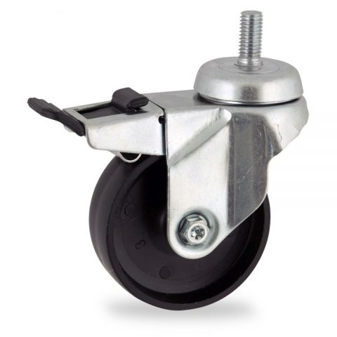 Zinc plated total lock castor 75mm for light trolleys,wheel made of polypropylene,plain bearing.Bolt stem fitting