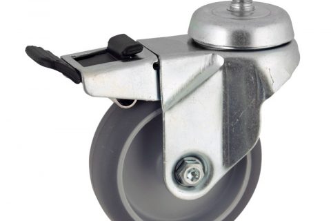 Zinc plated total lock castor 75mm for light trolleys,wheel made of grey rubber,plain bearing.Bolt stem fitting
