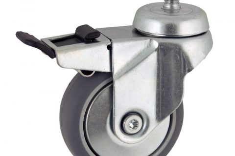 Zinc plated total lock castor 50mm for light trolleys,wheel made of grey rubber,double ball bearings.Bolt stem fitting