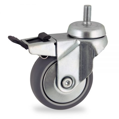 Zinc plated total lock castor 50mm for light trolleys,wheel made of grey rubber,plain bearing.Bolt stem fitting