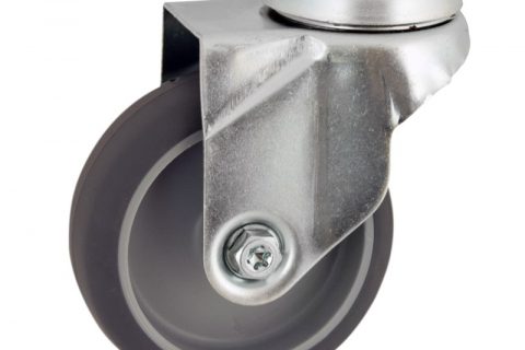 Zinc plated swivel castor 75mm for light trolleys,wheel made of grey rubber,double ball bearings.Bolt hole fitting