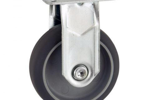 Zinc plated fixed castor 100mm for light trolleys,wheel made of grey rubber,plain bearing.Top plate fitting