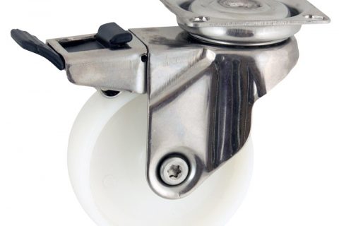 Stainless total lock castor 50mm for light trolleys,wheel made of polyamide,plain bearing.Top plate fitting