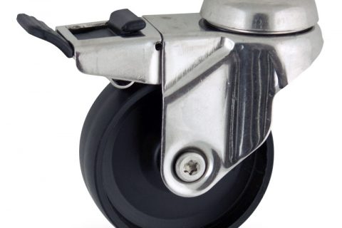 Stainless total lock castor 125mm for light trolleys,wheel made of polypropylene,plain bearing.Bolt hole fitting