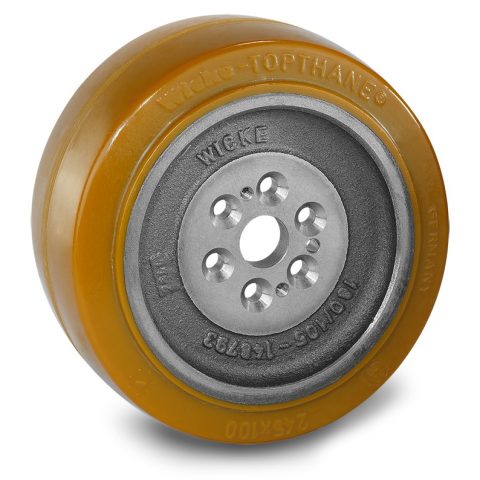 Drive wheel for electric pallet truck 245mm from polyurethane Flange application with 6 holes for machines Hyster/Yale
