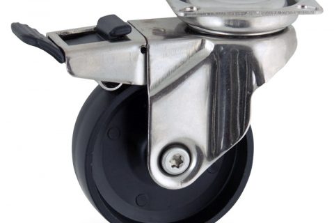 Stainless total lock castor 50mm for light trolleys,wheel made of polypropylene,plain bearing.Top plate fitting