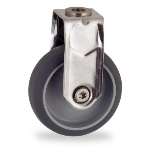 Stainless fixed castor 125mm for light trolleys,wheel made of grey rubber,plain bearing.Bolt hole fitting