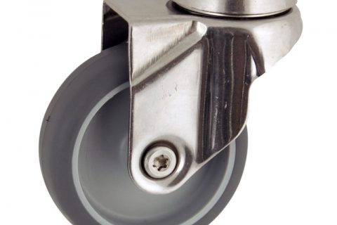 Stainless swivel castor 75mm for light trolleys,wheel made of grey rubber,plain bearing.Bolt hole fitting