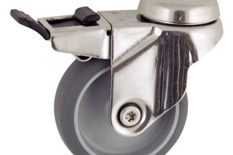 Stainless total lock castor 125mm for light trolleys,wheel made of grey rubber,plain bearing.Bolt hole fitting