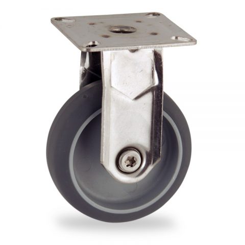 Stainless fixed castor 100mm for light trolleys,wheel made of grey rubber,plain bearing.Top plate fitting