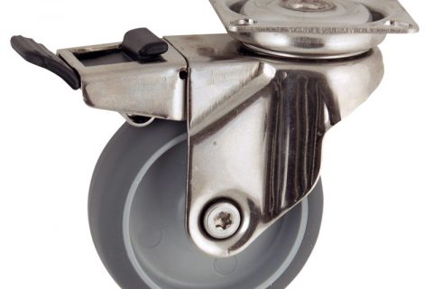 Stainless total lock castor 50mm for light trolleys,wheel made of grey rubber,double ball bearings.Top plate fitting