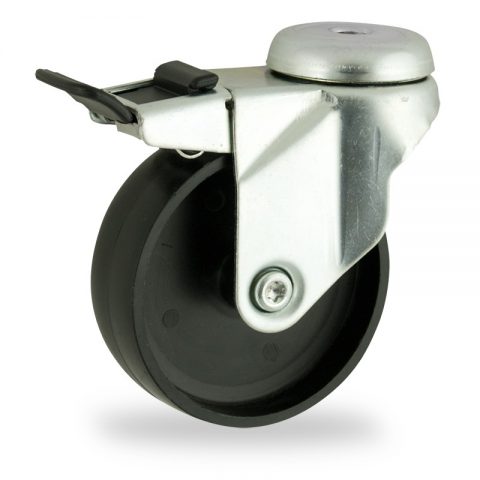 Zinc plated total lock castor 75mm for light trolleys,wheel made of polypropylene,plain bearing.Bolt hole fitting