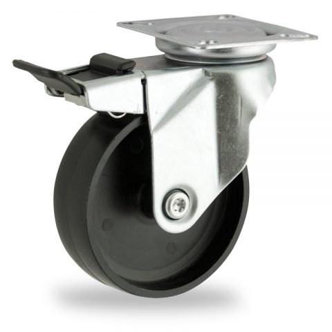 Zinc plated total lock castor 100mm for light trolleys,wheel made of polypropylene,plain bearing.Top plate fitting