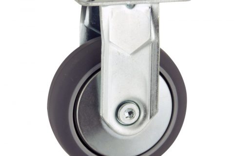 Zinc plated fixed castor 75mm for light trolleys,wheel made of grey rubber,double ball bearings.Top plate fitting
