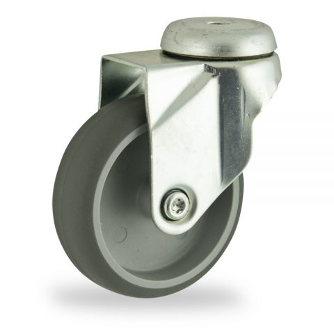 Zinc plated swivel castor 75mm for light trolleys,wheel made of grey rubber,double ball bearings.Bolt hole fitting