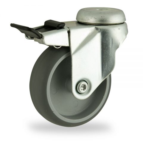 Zinc plated total lock castor 125mm for light trolleys,wheel made of grey rubber,plain bearing.Bolt hole fitting