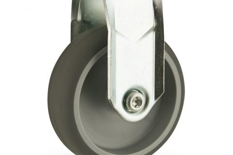 Zinc plated fixed castor 100mm for light trolleys,wheel made of grey rubber,double ball bearings.Bolt hole fitting