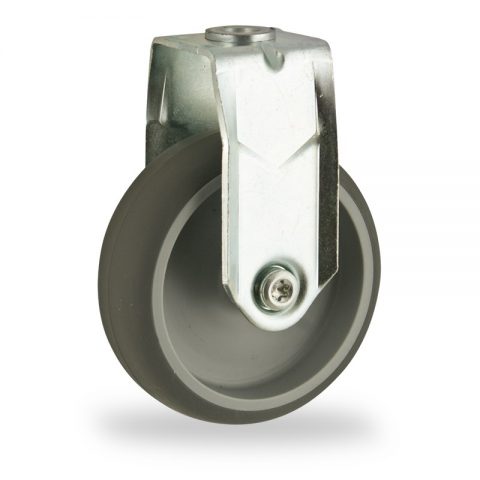 Zinc plated fixed castor 75mm for light trolleys,wheel made of grey rubber,plain bearing.Bolt hole fitting