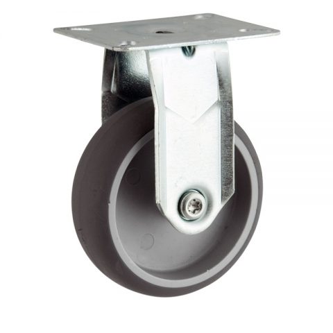 Zinc plated fixed castor 100mm for light trolleys,wheel made of grey rubber,plain bearing.Top plate fitting