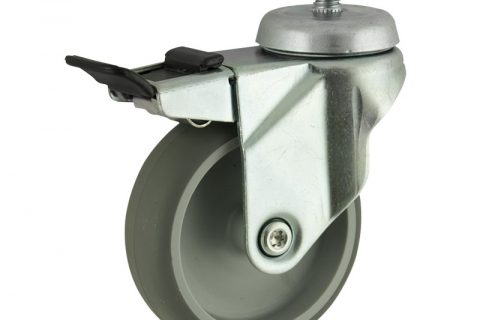 Zinc plated total lock castor 125mm for light trolleys,wheel made of grey rubber,plain bearing.Bolt stem fitting
