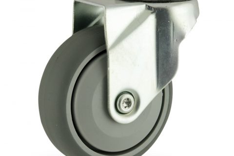 Zinc plated swivel castor 75mm for light trolleys,wheel made of grey rubber,single precision ball bearing.Bolt hole fitting