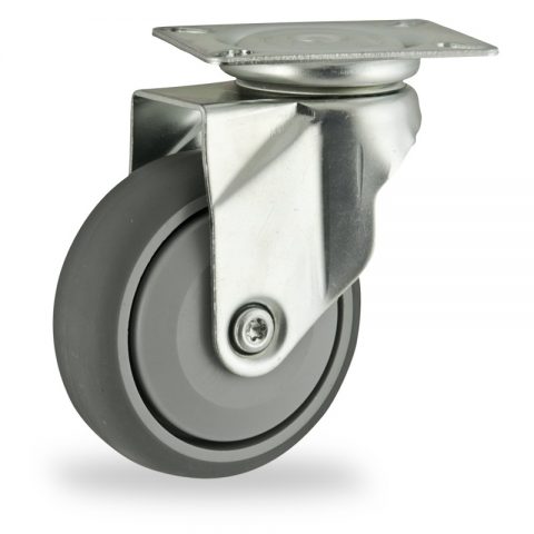 Zinc plated swivel castor 100mm for light trolleys,wheel made of grey rubber,single precision ball bearing.Top plate fitting
