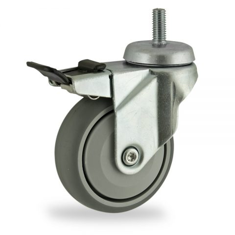 Zinc plated total lock castor 100mm for light trolleys,wheel made of grey rubber,single precision ball bearing.Bolt stem fitting