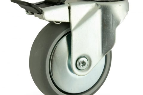 Zinc plated total lock castor 125mm for light trolleys,wheel made of grey rubber,double ball bearings.Bolt hole fitting