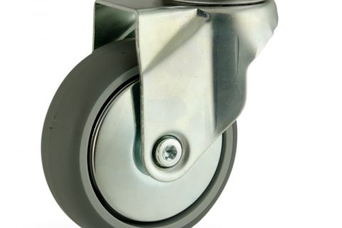 Zinc plated swivel castor 75mm for light trolleys,wheel made of grey rubber,plain bearing.Top plate fitting