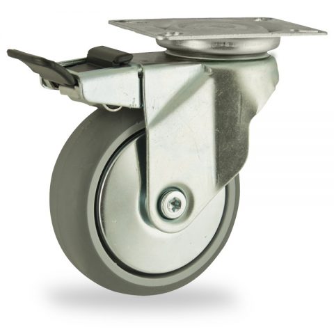 Zinc plated total lock castor 100mm for light trolleys,wheel made of grey rubber,plain bearing.Top plate fitting