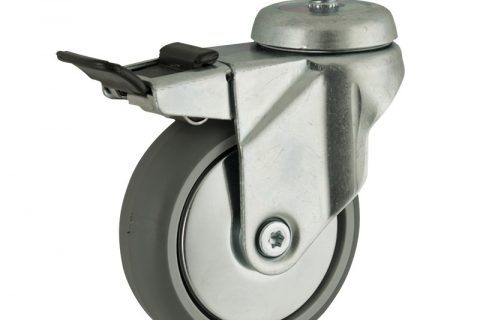Zinc plated total lock castor 100mm for light trolleys,wheel made of grey rubber,double ball bearings.Bolt stem fitting