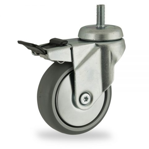 Zinc plated total lock castor 125mm for light trolleys,wheel made of grey rubber,plain bearing.Bolt stem fitting