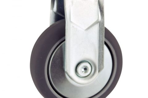 Zinc plated fixed castor 75mm for light trolleys,wheel made of grey rubber,plain bearing.Bolt hole fitting
