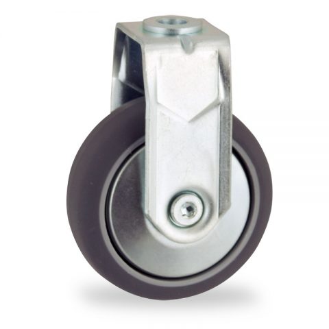 Zinc plated fixed castor 125mm for light trolleys,wheel made of grey rubber,double ball bearings.Bolt hole fitting