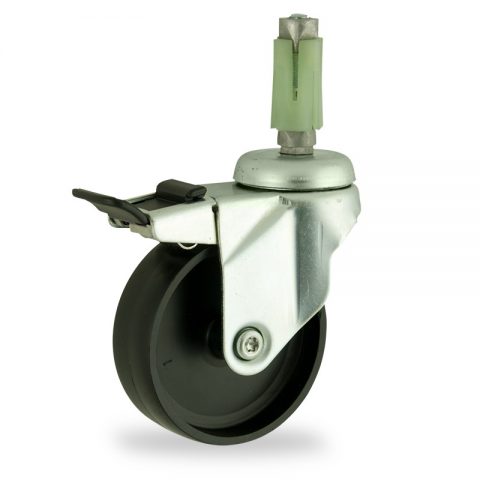 Zinc plated total lock castor 150mm for light trolleys,wheel made of polypropylene,plain bearing.Fitting with square expander 27/31