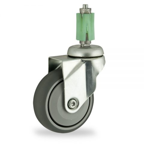Zinc plated swivel castor 100mm for light trolleys,wheel made of grey rubber,single precision ball bearing.Fitting with square expander 31/35