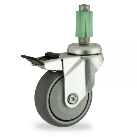 Zinc plated total lock castor 100mm for light trolleys,wheel made of grey rubber,single precision ball bearing.Fitting with square expander 24/27