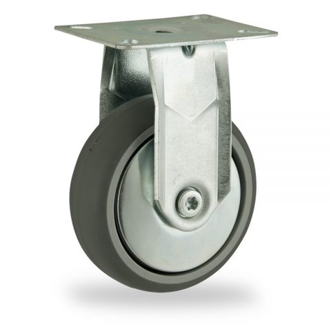 Zinc plated fixed castor 100mm for light trolleys,wheel made of grey rubber,double ball bearings.Top plate fitting