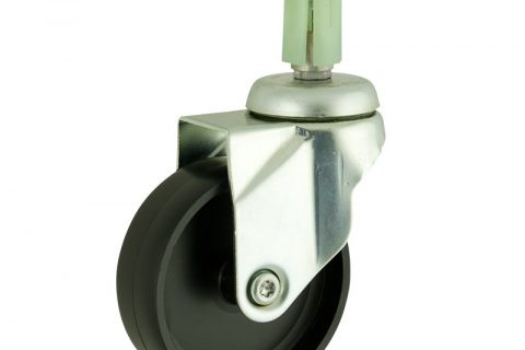 Zinc plated swivel castor 75mm for light trolleys,wheel made of polypropylene,plain bearing.Fitting with round expander 26/30