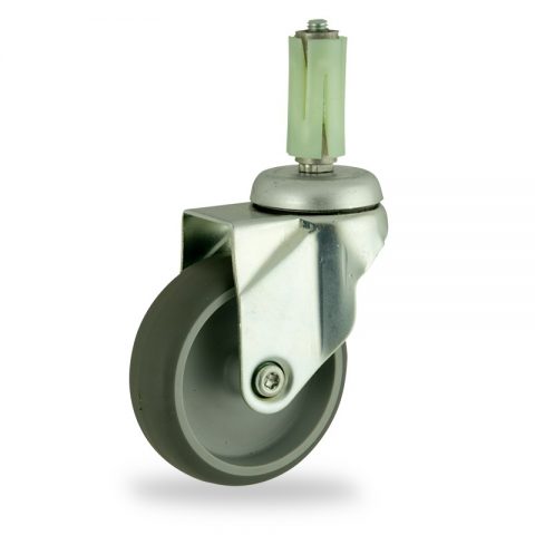 Zinc plated swivel castor 100mm for light trolleys,wheel made of grey rubber,plain bearing.Fitting with round expander 26/30