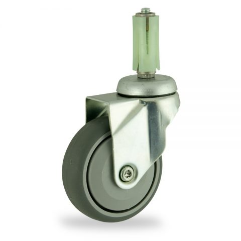 Zinc plated swivel castor 100mm for light trolleys,wheel made of grey rubber,single precision ball bearing.Fitting with round expander 19/23