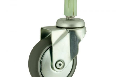 Zinc plated swivel castor 100mm for light trolleys,wheel made of grey rubber,plain bearing.Fitting with round expander 19/23