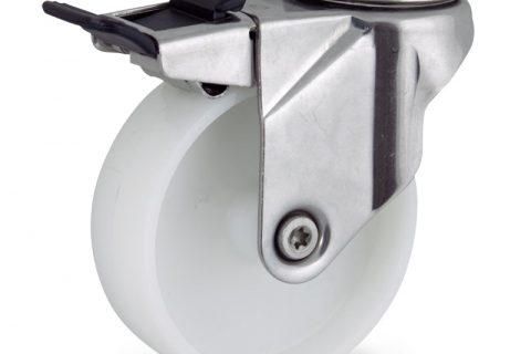 Stainless total lock castor 150mm for light trolleys,wheel made of polyamide,plain bearing.Bolt hole fitting