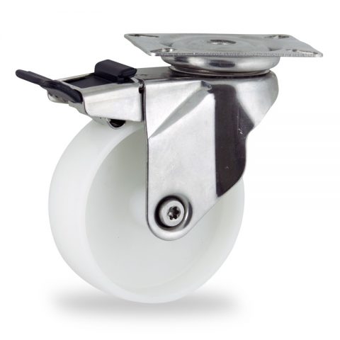 Stainless total lock castor 100mm for light trolleys,wheel made of polyamide,plain bearing.Top plate fitting